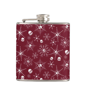 Scary skull Creepmas Christmas Snowflakes red Hip Flask