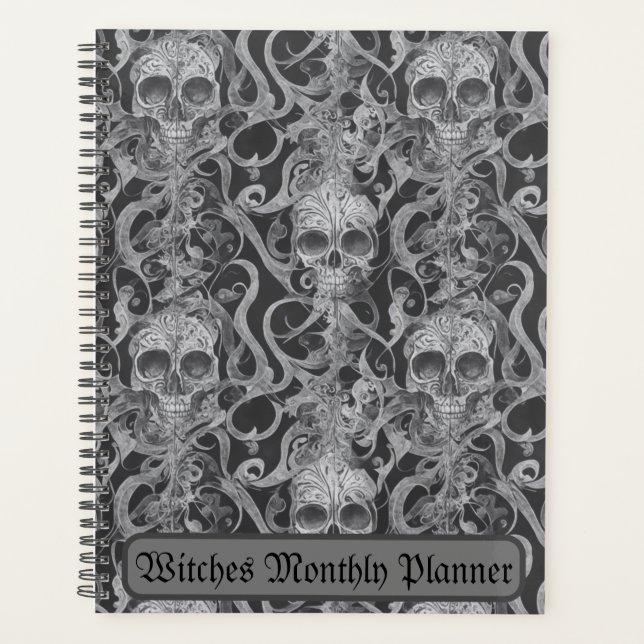 Scary Skulls Grey Witches Monthly Planner (Front)