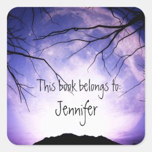 Scary Spook Moon Forest Trees Night Sky Bookplate Square Sticker