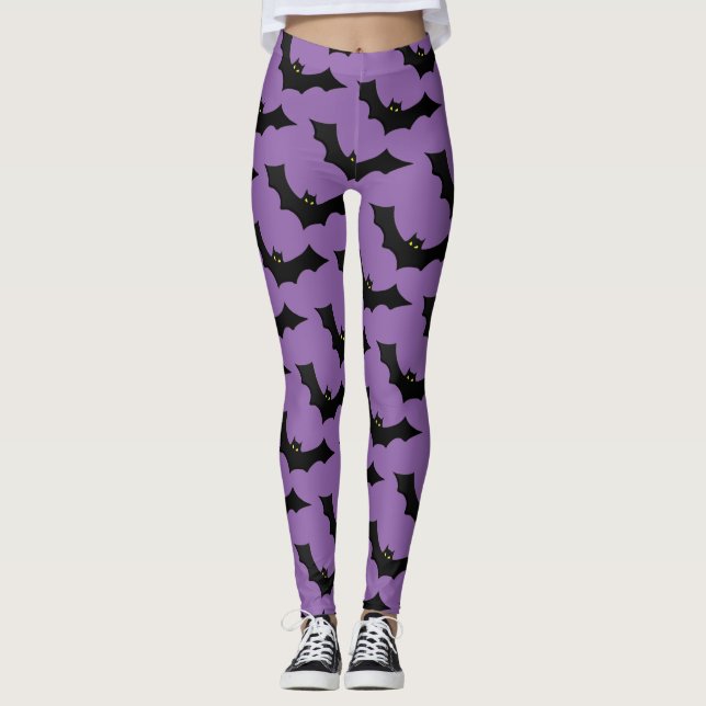 Scary Spooky Halloween Bat Pattern Black Purple Leggings (Front)