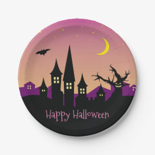 Scary Spooky Haunted House Purple Halloween Party Paper Plate