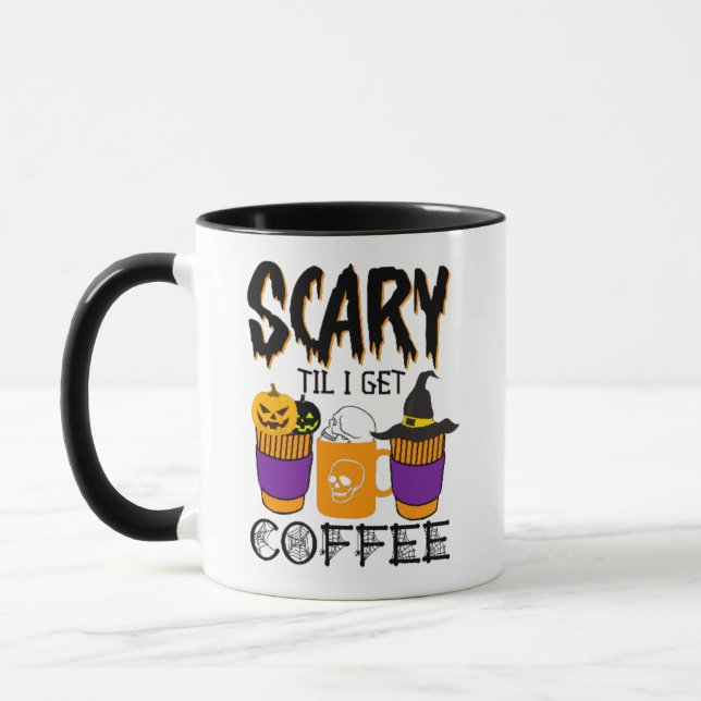 Scary Till I Get Coffee Halloween Pumpkin Skull Mug (Left)