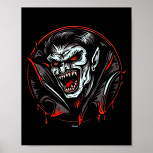 Scary vampire showing sharp teeth ready to bite poster