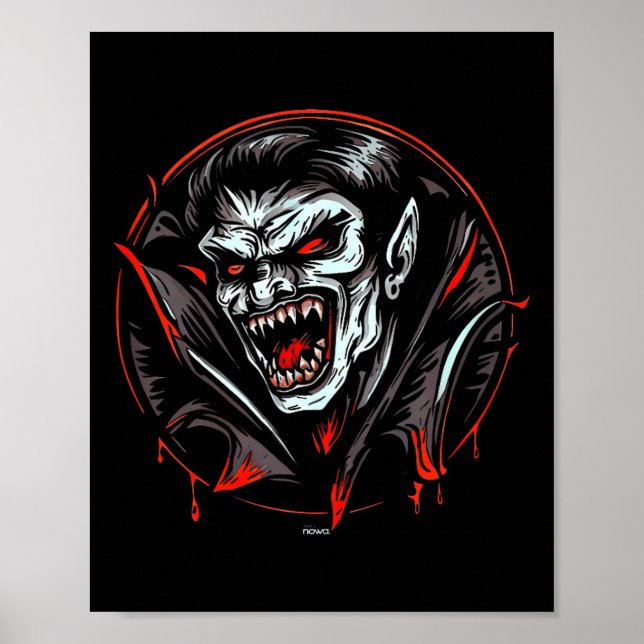 Scary vampire showing sharp teeth ready to bite poster (Front)