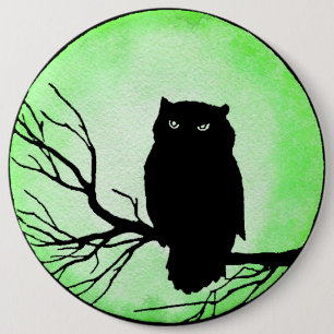 Scary Vintage Owl with Acid Green Watercolor Moon 6 Inch Round Button