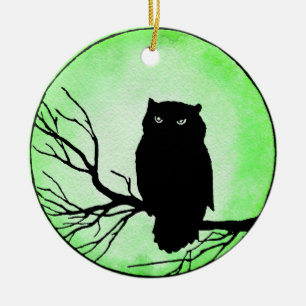 Scary Vintage Owl with Acid Green Watercolor Moon Ceramic Ornament
