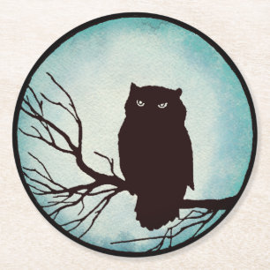 Scary Vintage Owl with Spooky Blue Watercolor Moon Round Paper Coaster