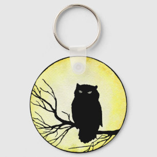 Scary Vintage Owl with Yellow Watercolor Moon Keychain