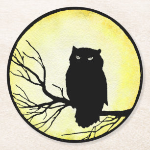 Scary Vintage Owl with Yellow Watercolor Moon Round Paper Coaster