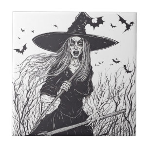 Scary Witch and Black Bats  Tile