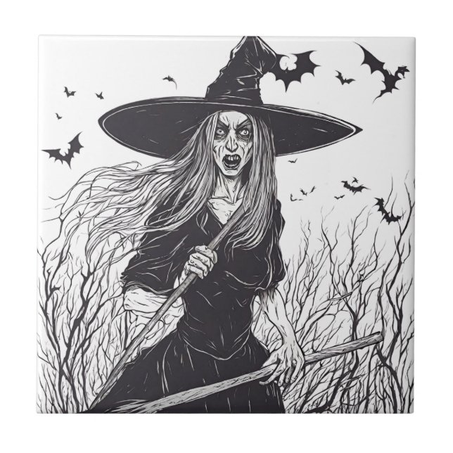 Scary Witch and Black Bats  Tile (Front)