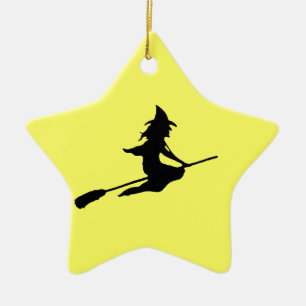 Scary Witch and Broom Ceramic Ornament