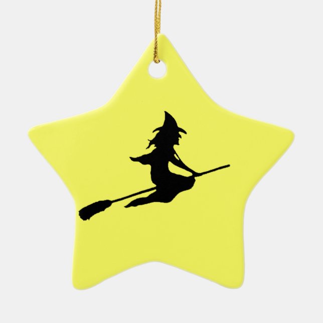 Scary Witch and Broom Ceramic Ornament (Front)