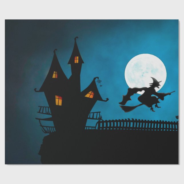 Scary Witch Flying on her Broomstick Wrapping Paper (Flat)