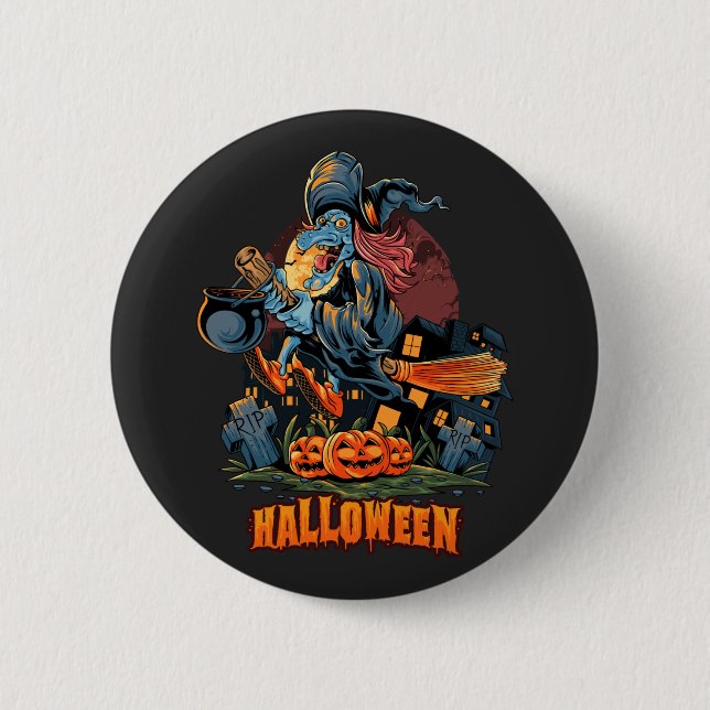 Scary Witch On a Broom  2 Inch Round Button (Front)