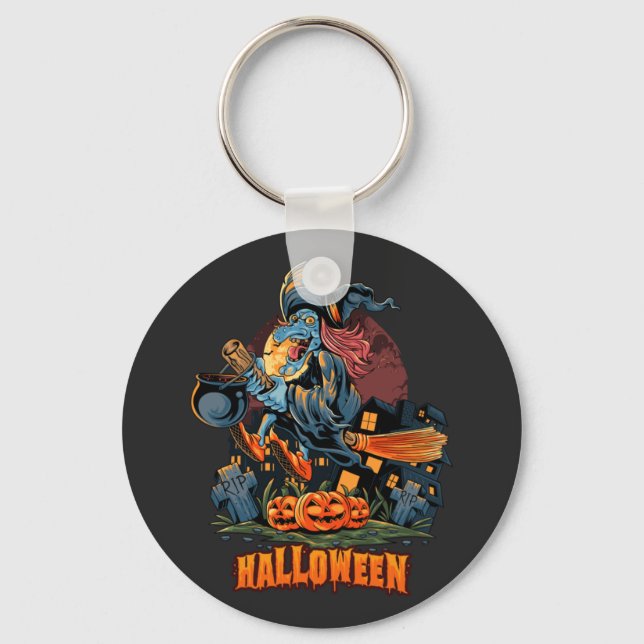 Scary Witch On a Broom   Keychain (Front)