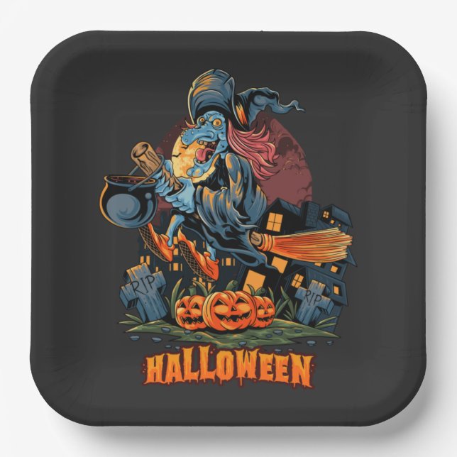 Scary Witch On a Broom  Paper Plates (Front)