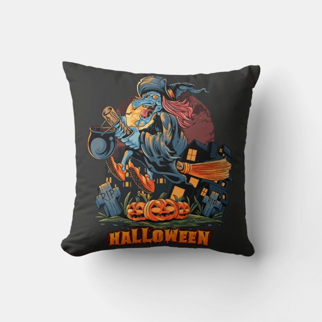 Scary Witch On a Broom   Throw Pillow (Front)