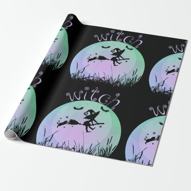 Scary witch on a broomstick with a cat wrapping paper (Unrolled)
