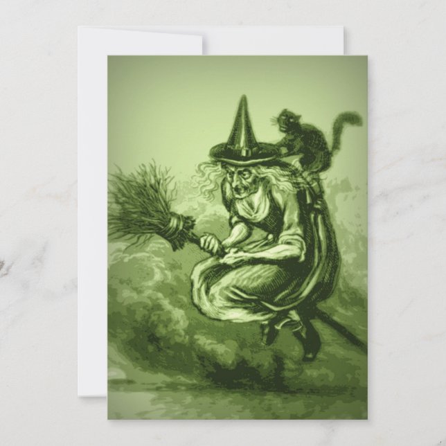 Scary Witch on Broomstick | Vintage Halloween Invitation (Front)