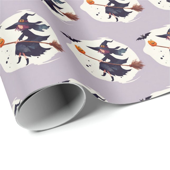Scary Witch Purple Halloween Gift Wrapping Paper (Roll Corner)