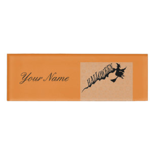 Scary Witch Riding Broom Halloween Thunder_Cove Name Tag
