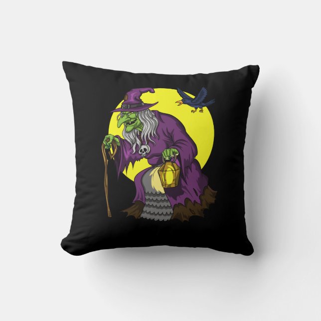 Scary Witch Spooky Raven Halloween Throw Pillow (Front)