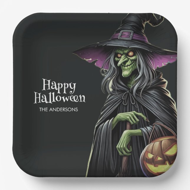 Scary Witch Themed Halloween  Paper Plate (Front)