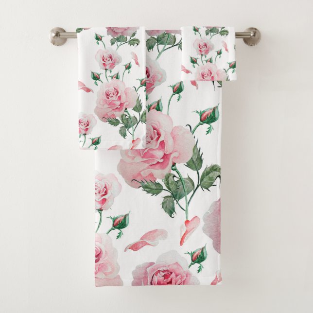 Scatter Pink Roses Pattern Bath Towel Set (Insitu)