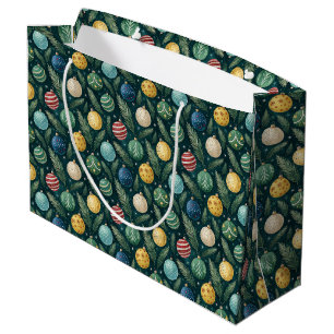 Scattered Christmas Tree Ornaments on Dark Green Large Gift Bag