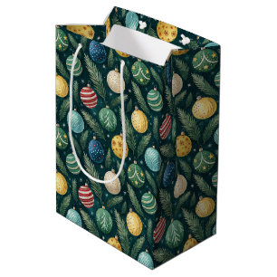 Scattered Christmas Tree Ornaments on Dark Green Medium Gift Bag