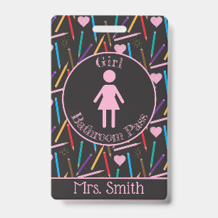 Scattered Colour Pencils Girl Bathroom Pass Badge