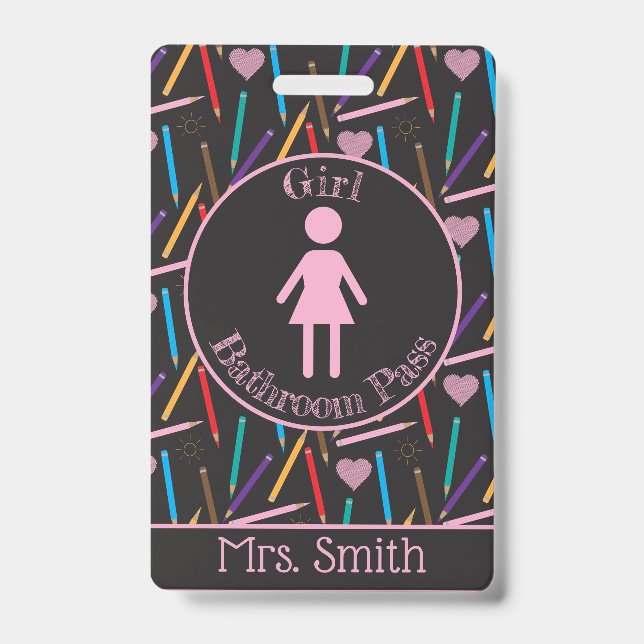 Scattered Colour Pencils Girl Bathroom Pass Badge (Front)