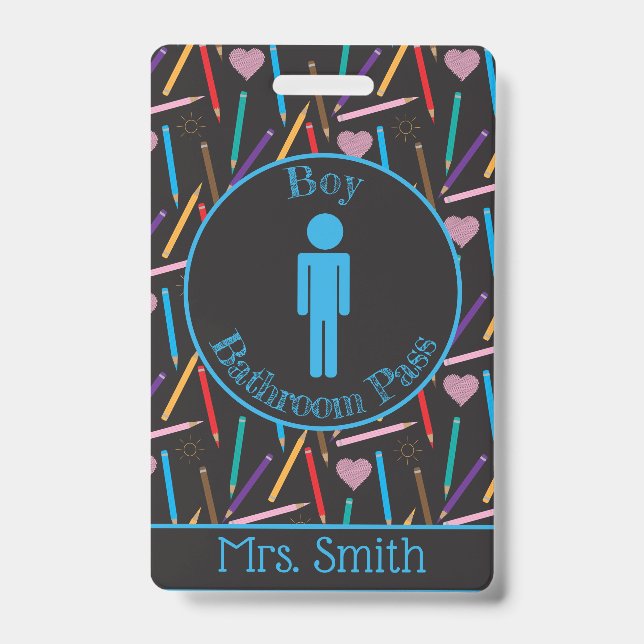 Scattered Coloured Pencils Boy Bathroom Pass Badge (Front)