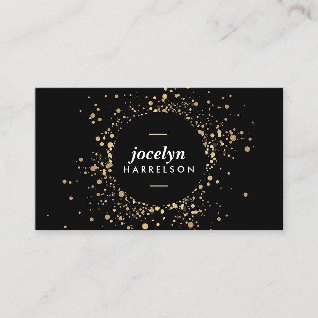 Scattered Faux Gold Confetti Circle on Black Business Card (Front)