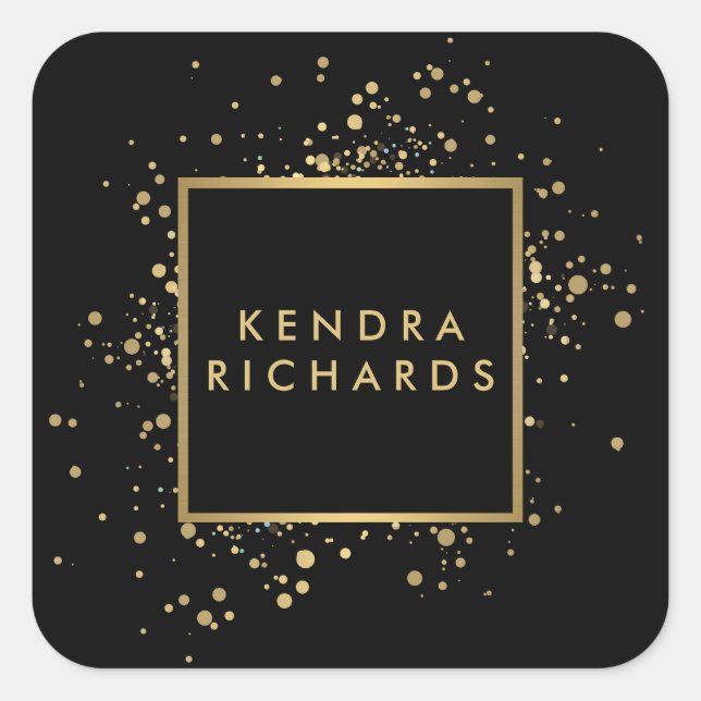 Scattered Faux Gold Confetti on Modern Black Square Sticker (Front)