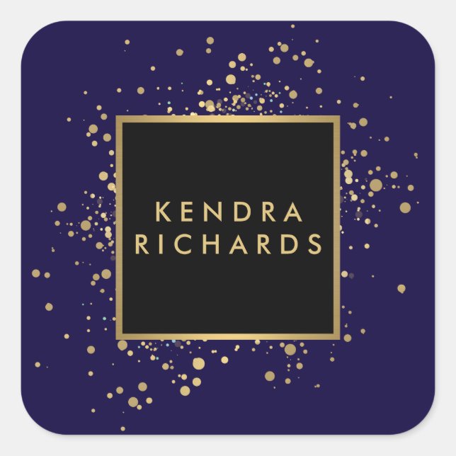 Scattered Faux Gold Confetti on Modern Blue Square Sticker (Front)
