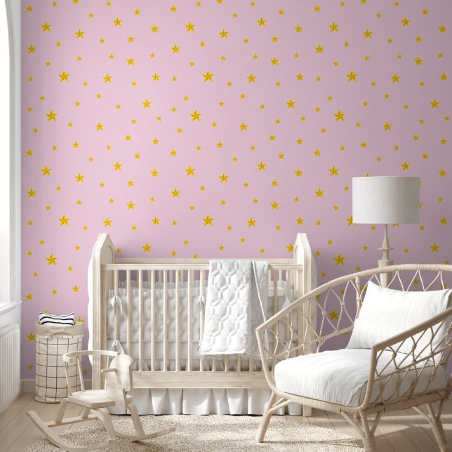Scattered Golden Yellow Stars on Light Pink Wallpaper (Kids)