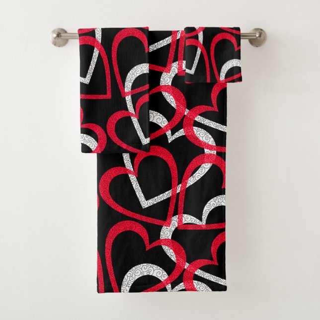 Scattered Interlocking Red & White Hearts on Black Bath Towel Set (Insitu)