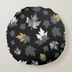 Scattered Leaves on Black Round Pillow