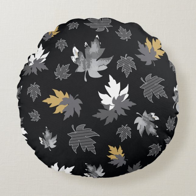 Scattered Leaves on Black Round Pillow (Front)