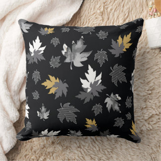 Scattered Leaves on Black Throw Pillow