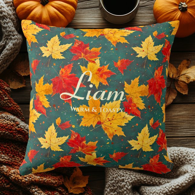 Scattered Maple Autumn Leaves Pattern in Green Throw Pillow (Creator Uploaded)