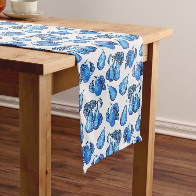 Scattered Pear Print in Indigo Blue and White  Short Table Runner (In Situ)