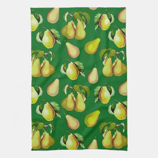 Scattered Pear Print on Emerald Green Kitchen Towel (Vertical)