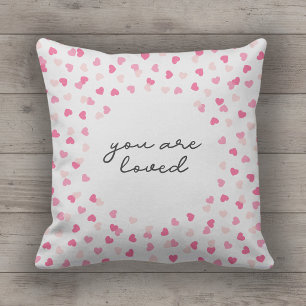 Scattered Pink Hearts Confetti You are Loved Throw Pillow