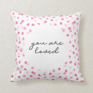 Scattered Pink Hearts Confetti You are Loved Throw Pillow
