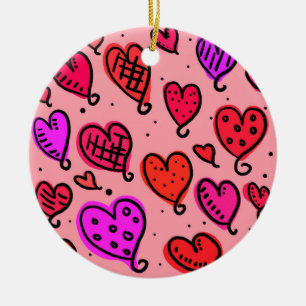 Scattered Red and Pink Hearts Scribble Pattern Ceramic Ornament