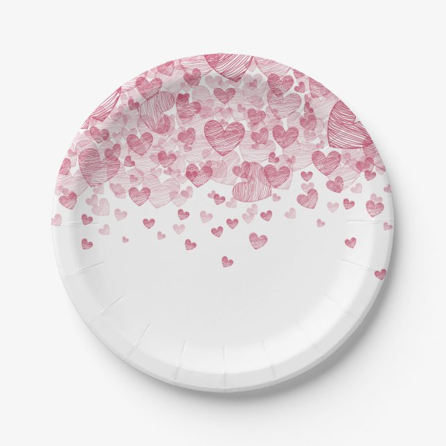 Scattered Red Hearts Valentine's Day Party Paper Plate (Front)