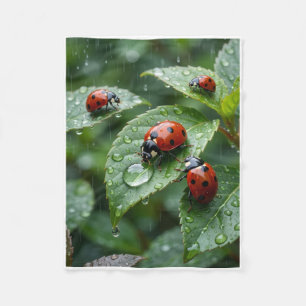 Scattered Red Ladybugs On Dewy Leaves Fleece Blank Blanket